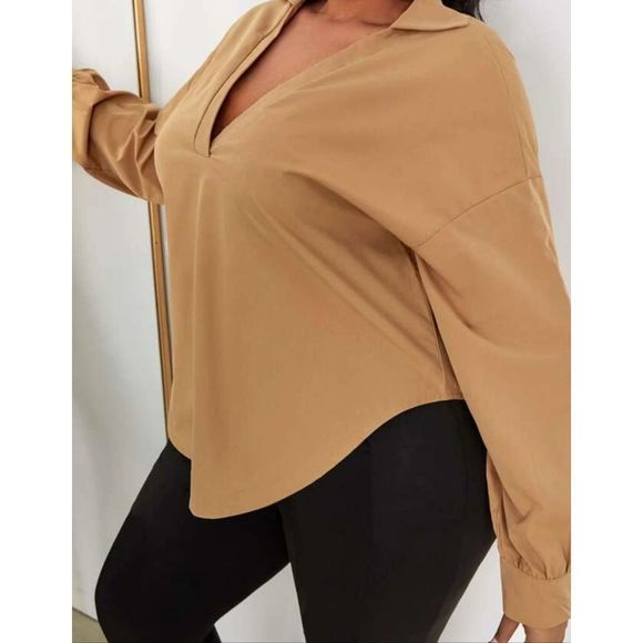 Women's Brown V-Neck Drop Shoulder Blouse Plus Size 3XL - Picture 3 of 6